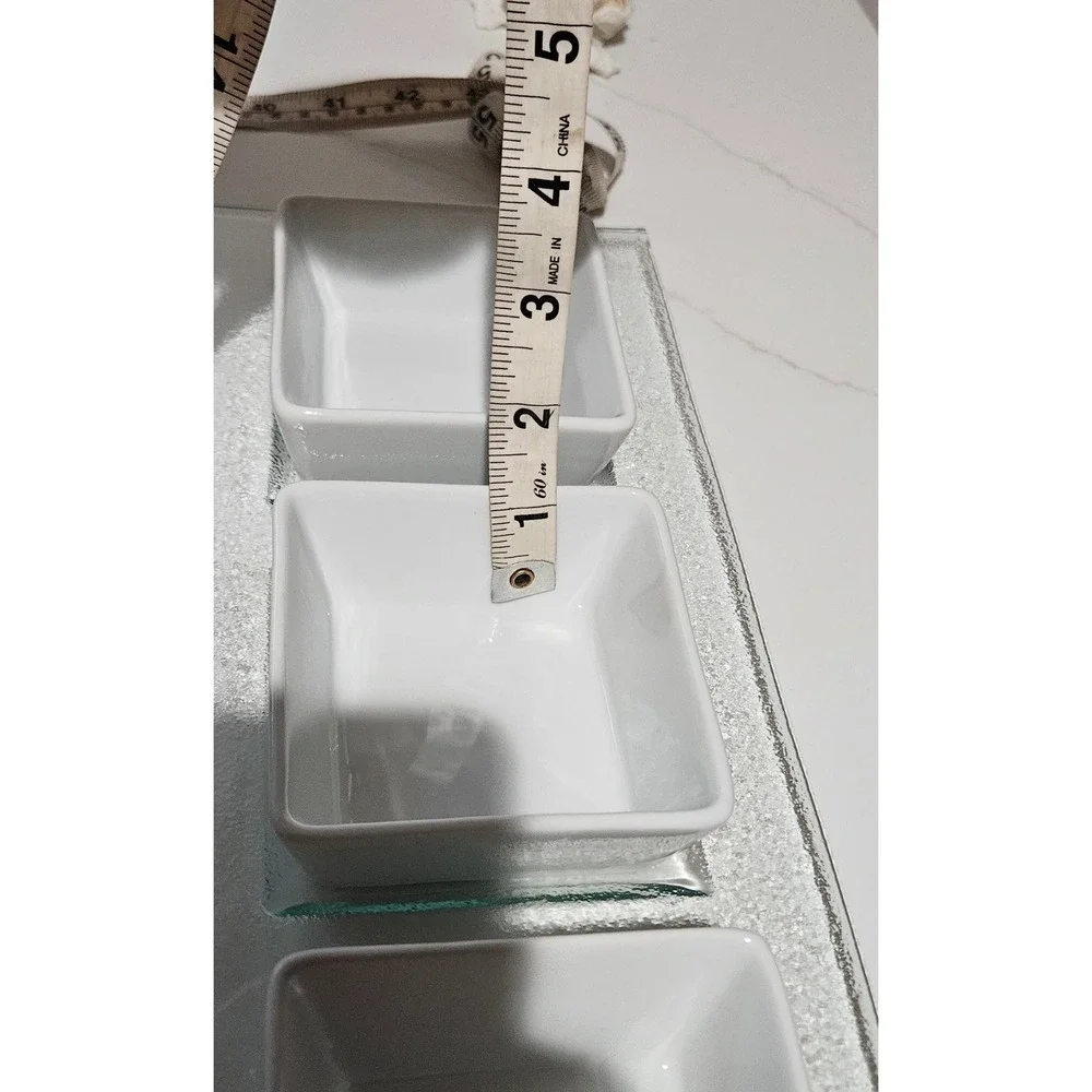 Modern White Ceramic 3 Bowl Server Set with Textured Glass Tray